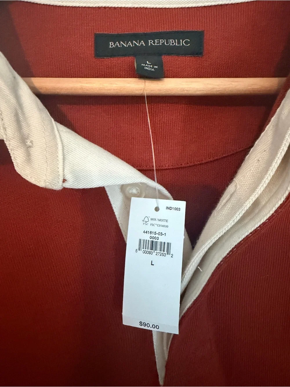 Banana Republic Men's Long-Sleeve Polo in Burnt Orange with Cream Collar